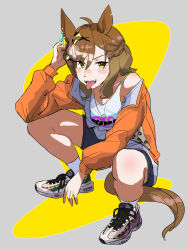 Rule 34 | 1girl, 4me 4ma, absurdres, ahoge, animal ears, bare shoulders, black shorts, braid, brown hair, commentary request, earrings, french braid, grey background, hair between eyes, hair ornament, highres, horse ears, horse girl, horse tail, jacket, jewelry, jungle pocket (umamusume), long sleeves, medium hair, necklace, notched ear, official alternate costume, orange jacket, print shirt, shirt, shoes, shorts, single earring, smile, sneakers, solo, squatting, tail, tank top, tongue, tongue out, two-tone background, umamusume, v-shaped eyebrows, white tank top, x hair ornament, yellow background, yellow eyes