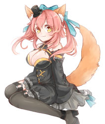 Rule 34 | 10s, 1girl, animal ears, bare shoulders, bow, breasts, cleavage, fate/extra, fate/extra ccc, fate/grand order, fate (series), female focus, fox ears, fox tail, hair bow, hair ribbon, large breasts, long hair, looking at viewer, official alternate costume, pink hair, ribbon, rinchu, sitting, smile, solo, tail, tamamo (fate), tamamo no mae (fate/extra), tamamo no mae (sable mage) (fate), thighhighs, twintails, yellow eyes