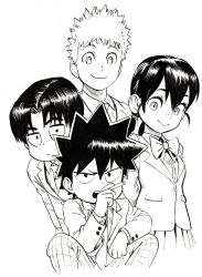 Rule 34 | 1girl, 3boys, absurdres, bow, bowtie, character request, closed mouth, commentary request, expressionless, greyscale, highres, jacket, long sleeves, looking at viewer, monochrome, motone-kun wa debut shitai!, multiple boys, murata yuusuke, necktie, open mouth, pleated skirt, school uniform, short hair, skirt, smile, spiked hair, v-shaped eyebrows