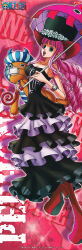 Rule 34 | 1girl, absurdres, black dress, boots, breasts, cleavage, dress, drill hair, full body, hat, highres, holding, holding umbrella, large breasts, logo, long hair, looking at viewer, official art, one piece, open mouth, perona, pink hair, scan, shoulder tattoo, smile, solo, stuffed animal, stuffed toy, tattoo, thigh boots, umbrella, very long hair