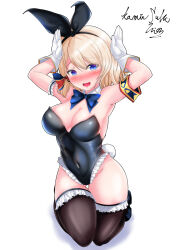 Rule 34 | 1girl, :d, alternate costume, animal ear headwear, animal ears, arms up, azur lane, bare shoulders, black hairband, black leotard, black thighhighs, blonde hair, blue bow, blue eyes, blush, bow, bowtie, breasts, chinese zodiac, cleavage, commentary request, covered navel, detached collar, embarrassed, fake animal ears, frilled leotard, frilled thighhighs, frills, full body, gloves, groin, hair between eyes, hair bow, hairband, hip focus, kamitsuki shion, kneeling, leotard, medium breasts, medium hair, nervous smile, open mouth, playboy bunny, rabbit ears, rabbit pose, rabbit tail, skin tight, smile, solo, tail, thighhighs, thighs, white gloves, year of the rabbit, z23 (azur lane)