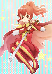 Rule 34 | 1girl, :o, anna (fire emblem), bikke3, boots, cape, fire emblem, fire emblem awakening, nintendo, ponytail, red eyes, red hair, red theme, solo, star (symbol), starry background, stuffed animal, stuffed toy, sword, teddy bear, weapon