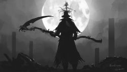 Rule 34 | 1other, alien, ambiguous gender, artist name, bloodborne, blurry, blurry background, burial blade, capelet, coat, commentary, copyright name, eldritch abomination, facing away, flying, grey hair, greyscale, hat, highres, holding, holding scythe, holding weapon, hunter (bloodborne), long hair, monochrome, monster, moon, moon presence (bloodborne), outdoors, pillar, ponytail, scythe, sky, torn capelet, torn clothes, tripdancer, weapon