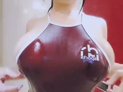 Rule 34 | 1girl, animated, animated gif, asian, bouncing breasts, breasts squeezed together, breasts, brown hair, head out of frame, japanese (nationality), large breasts, long hair, lowres, one-piece swimsuit, photo (medium), ponytail, red one-piece swimsuit, sideboob, solo, standing, swimsuit, wall, wet