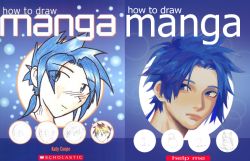 Rule 34 | 2boys, bird, blue-haired boy (how to draw manga), blue background, blue hair, blue theme, blush, closed mouth, cover, cover page, derivative work, english text, forehead, hair intakes, hair tie, how to draw an owl (meme), how to draw manga, how to draw manga redraw challenge (meme), katy coope, light blush, looking to the side, male focus, matching hair/eyes, meme, multiple boys, multiple views, nebu (hjjjakc2311), nose blush, owl, ponytail, reference work, short hair, sidelocks, two-tone-haired boy (how to draw manga)