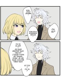 Rule 34 | 1boy, 1girl, 2koma, blonde hair, blue eyes, braid, closed eyes, colorized, comic, commentary, english commentary, english text, fate/grand order, fate (series), french text, grey background, hair between eyes, jeanne d&#039;arc (fate), jeanne d&#039;arc (ruler) (fate), kyou (ningiou), merlin (fate), open mouth, short hair, single braid, smile, the office, translated, twitter username, white hair