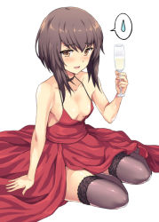 Rule 34 | 1girl, :d, alcohol, azur lane, bare arms, bare shoulders, black choker, blush, breasts, brown eyes, brown hair, brown thighhighs, champagne, champagne flute, choker, collarbone, commentary request, cosplay, cup, dress, drinking glass, historical name connection, kantai collection, long hair, looking at viewer, md5 mismatch, name connection, open mouth, rasahan, red dress, resolution mismatch, short hair, sitting, sleeveless, sleeveless dress, small breasts, smile, solo, source larger, spoken sweatdrop, sweatdrop, taihou (azur lane), taihou (azur lane) (cosplay), taihou (forbidden feast) (azur lane), taihou (kancolle), thighhighs, wine glass, yokozuwari