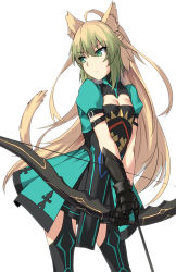 Rule 34 | 1girl, ahoge, animal ear fluff, animal ears, arrow (projectile), atalanta (fate), black gloves, black thighhighs, blonde hair, bow (weapon), braid, breasts, cat ears, cat tail, closed mouth, cowboy shot, fate/apocrypha, fate (series), gloves, green eyes, green hair, hair between eyes, half updo, legs apart, long hair, multicolored hair, puffy short sleeves, puffy sleeves, shiseki hirame, short sleeves, simple background, small breasts, solo, tail, thighhighs, tsurime, two-tone hair, weapon, white background