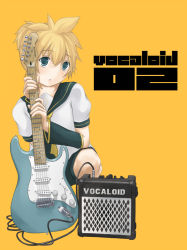 Rule 34 | 1boy, bad id, bad pixiv id, blonde hair, blue eyes, cable, electric guitar, fender stratocaster, guitar, instrument, kagamine len, male focus, necktie, short hair, shorts, solo, speaker, vocaloid