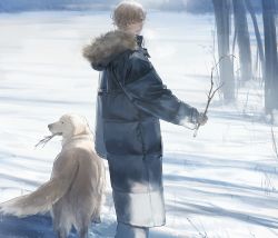 Rule 34 | 1boy, :o, absurdres, blue jacket, blush, branch, dog, feet out of frame, field, fur-trimmed jacket, fur trim, golden retriever, grey hair, highres, holding, holding branch, jacket, long jacket, looking at viewer, looking back, male focus, messy hair, mouth hold, orexxxo, original, padded jacket, red nose, sleeves past wrists, snow, winter, winter clothes