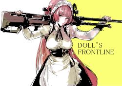 Rule 34 | 1girl, anti-materiel rifle, apron, blunt bangs, blush, breasts, denel land systems, girls&#039; frontline, gun, large breasts, long hair, maid, maid headdress, ntw-20, ntw-20 (girls&#039; frontline), ntw-20 (the aristocrat experience) (girls&#039; frontline), official alternate costume, on shoulder, osakana (denpa yun&#039;yun), pink eyes, pink hair, rifle, sketch, sniper rifle, solo, standing, very long hair, weapon