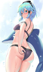 Rule 34 | 1girl, adjusting clothes, adjusting swimsuit, aqua eyes, arm strap, ass, back, bare back, bare shoulders, bikini, black bikini, blue hair, blue nails, blue sky, blush, breasts, butt crack, commentary request, cowboy shot, day, fingernails, from behind, from below, goggles, goggles on head, hair between eyes, highres, inflatable dolphin, inflatable toy, kawase seiki, looking at viewer, looking back, looking down, medium breasts, nail polish, nose blush, outdoors, short hair, sinon, sky, solo, swimsuit, sword art online, thighs, underboob, water, wet
