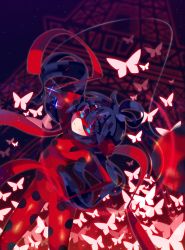 Rule 34 | 1girl, absurdres, black hair, blue hair, bodysuit, bug, butterfly, chang go, domino mask, eiffel tower, highres, bug, ladybug (character), magical girl, marinette dupain-cheng, mask, miraculous ladybug, polka dot, red ribbon, ribbon, sky, smile, solo, star (sky), starry sky, symbol-shaped pupils, twintails