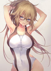 Rule 34 | 1girl, blonde hair, blue eyes, breasts, bunching hair, competition swimsuit, fate (series), glasses, hair hold, hairdressing, jeanne d&#039;arc (fate), jeanne d&#039;arc (swimsuit archer) (fate), large breasts, looking at viewer, one-piece swimsuit, simple background, sweat, swimsuit, upper body, vivi (eve no hakoniwa), whistle