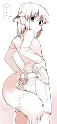 Rule 34 | ..., 1girl, animal ears, apricot, apricot (yamai), fox ears, fox tail, grey eyes, hands on own hips, holding own tail, looking back, monochrome, original, panties, pantyshot, pink theme, short hair, skirt, smile, solo, sweater, tail, tail grab, underwear, upskirt, yamai