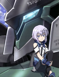 Rule 34 | 1boy, absurdres, androgynous, black shorts, black thighhighs, blue eyes, blue gloves, ernesti echevalier, fingerless gloves, gloves, highres, knight&#039;s and magic, looking at viewer, male focus, mecha, outdoors, robot, short hair, shorts, silver hair, sitting, smile, solo, thighhighs