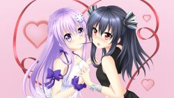 Rule 34 | 2girls, alternate costume, bare shoulders, black hair, blush, breasts, d-pad, elbow gloves, food, gloves, hair ornament, hair ribbon, holding hands, heart, highres, interlocked fingers, long hair, looking at viewer, multiple girls, nekologia, nepgear, neptune (series), open mouth, pocky, pocky kiss, purple eyes, purple hair, red eyes, ribbon, scrunchie, shared food, two side up, uni (neptunia), wrist scrunchie, yuri