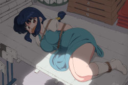 Rule 34 | 1girl, angry, arms behind back, blue hair, bound, bound ankles, bound arms, breasts, brown eyes, curvy, fuurinkan high school uniform, gag, gagged, highres, improvised gag, large breasts, legs, legs tied, legs together, long hair, lying, mage (harumagedon), on side, plump, ranma 1/2, school uniform, shirt, short sleeves, socks, tape, tape gag, tendou akane, thick thighs, thighs, tied up, white shirt