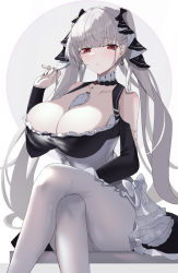 Rule 34 | 1girl, absurdres, azur lane, breasts, cleavage, clothing cutout, cross-laced clothes, crossed legs, feet out of frame, formidable (azur lane), grey hair, highres, large breasts, lolita fashion, long hair, looking at viewer, musicatopos, pantyhose, parted lips, sitting, solo, twintails, white pantyhose