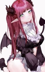 Rule 34 | 1girl, absurdres, black dress, blush, closed mouth, demon girl, demon horns, demon tail, demon wings, dress, head tilt, highres, horns, juliet sleeves, kitagawa marin, long hair, long sleeves, looking at viewer, mile (off8mile), pointy ears, puffy sleeves, red hair, rizu-kyun, simple background, solo, sono bisque doll wa koi wo suru, tail, white background, wings