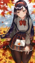 Rule 34 | 1girl, autumn, autumn leaves, black hair, black pantyhose, blurry, blush, book, bow, bowtie, breasts, checkered clothes, checkered skirt, commentary, earrings, headband, highres, jewelry, leaf, long hair, long sleeves, looking at viewer, maple leaf, medium breasts, niwata0, open book, original, pantyhose, parted lips, red bow, red bowtie, red eyes, red footwear, red headband, seiza, shirt, sitting, skirt, solo, strap slip, uniform
