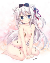 Rule 34 | 1girl, 3:, animal ears, areola slip, azur lane, bad id, bad pixiv id, bare legs, barefoot, bent over, blue eyes, blush, bow, bow panties, breasts, cat ears, chocolate, chocolate on body, chocolate on breasts, collarbone, commentary request, food on body, frilled panties, frills, hair between eyes, hair bow, hair ribbon, hammann (azur lane), highres, korie riko, long hair, looking at viewer, navel, panties, pink panties, ribbon, silver hair, simple background, sitting, small breasts, solo, sweat, topless, underwear, underwear only, valentine, very long hair, wariza, white background