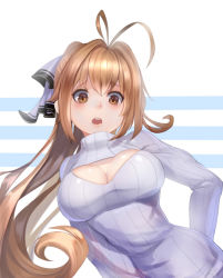 Rule 34 | 10s, 1girl, amagi brilliant park, antenna hair, blush, bow, breasts, brown eyes, brown hair, cleavage, cleavage cutout, clothing cutout, hair bow, large breasts, long hair, meme attire, open-chest sweater, open mouth, ponytail, raijuu (bakanara), ribbed sweater, sento isuzu, solo, sweater, turtleneck