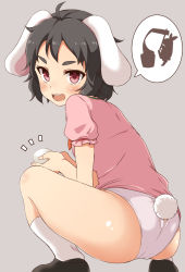 Rule 34 | 1girl, ^^^, ahoge, aika (cookie), animal ears, ass, black hair, blouse, blush, clothing cutout, cookie (touhou), food, from side, full body, grey background, inaba tewi, kine, looking at viewer, mallet, marine (46586031), mochi, no pants, open mouth, panties, parted bangs, pink shirt, rabbit, rabbit ears, rabbit girl, rabbit tail, red eyes, shirt, short hair, short sleeves, simple background, smile, socks, solo, speech bubble, spread legs, tail, tail through clothes, thick eyebrows, thighs, touhou, underwear, white panties, white socks