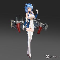 Rule 34 | 1girl, ahoge, artillery, azur lane, bare shoulders, blue hair, breasts, buttons, cleavage, cleavage cutout, clothing cutout, detached sleeves, double-breasted, dress, full body, garter straps, gloves, large breasts, long hair, looking at viewer, microdress, official art, red eyes, rigging, side-tie dress, solo, split mouth, st. louis (azur lane), taut clothes, taut dress, thighhighs, turret, white gloves, white thighhighs, yunsang