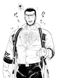 Rule 34 | !, !!, 1boy, ^^^, ainu clothes, bara, beard, belt, black hair, blush, bursting pectorals, buzz cut, chest hair, clenched hands, collarbone, collared shirt, duruko, embarrassed, facial hair, flying button, furrowed brow, golden kamuy, large pectorals, long sideburns, looking at viewer, male focus, mature male, monochrome, muscular, muscular male, no headwear, open mouth, pants, pectoral cleavage, pectorals, popped button, popped collar, sanpaku, scar, scar on face, shirt, shirt tucked in, short hair, sideburns, solo, spoken exclamation mark, stubble, tanigaki genjirou, thick eyebrows, undersized clothes, v-shaped eyebrows, very short hair