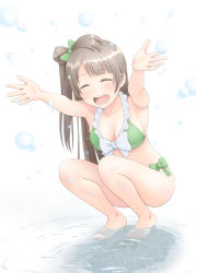 Rule 34 | 10s, 1girl, ^ ^, armpits, arms up, bad id, bad pixiv id, barefoot, bikini, breasts, brown hair, bubble, cleavage, closed eyes, front-tie bikini top, front-tie top, green bikini, long hair, love live!, love live! school idol project, minami kotori, one side up, open mouth, outstretched arms, shallow water, shishamo (scholacco), side-tie bikini bottom, soaking feet, solo, splashing, squatting, swimsuit, wading, water