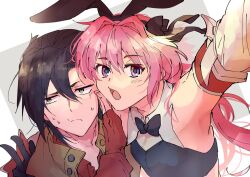 Rule 34 | 2boys, animal ears, armpits, astolfo (fate), astolfo (saber) (fate), black bow, black bowtie, black shirt, bow, bowtie, brown jacket, detached collar, detached sleeves, embarrassed, eyelashes, fake animal ears, fate/grand order, fate (series), fingerless gloves, frown, gloves, grey eyes, hair between eyes, hair bow, highres, jacket, male focus, mandricardo (fate), multiple boys, open mouth, pink eyes, pink hair, rabbit ears, red gloves, red shirt, selfie, shirt, sideways glance, sweatdrop, trap, tumikilondon5, v
