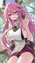 Rule 34 | 1girl, animal ears, bare shoulders, blush, grabbing another&#039;s breast, breast hold, breasts, catsmoon, cowboy shot, cup, earrings, fang, fox ears, genshin impact, grabbing, grabbing own breast, hair between eyes, hair ornament, highres, jewelry, large breasts, long hair, looking at viewer, nontraditional miko, open mouth, pink hair, plant, purple eyes, sideboob, sidelocks, sitting, skin fang, solo, table, thighs, v, yae miko