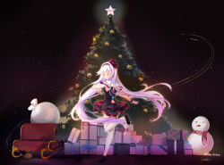 Rule 34 | .live, 1girl, bare shoulders, black footwear, black hairband, black skirt, blush, box, carro pino, christmas, christmas ornaments, christmas tree, closed mouth, dancing, closed eyes, garter straps, gift, gift box, gradient hair, hairband, hat, layered skirt, mini hat, multicolored hair, pink hair, pink scarf, plaid, plaid scarf, pleated skirt, purple headwear, sack, scarf, shoe soles, shoes, silver hair, skirt, sleigh, smile, snowman, solo, standing, standing on one leg, star (symbol), strap slip, suihi, thighhighs, tilted headwear, twintails, virtual youtuber, white thighhighs