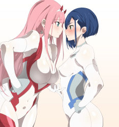 Rule 34 | 10s, 2girls, blue eyes, blue hair, blush, bodysuit, breasts, commentary, covered erect nipples, darling in the franxx, face-to-face, green eyes, hair ornament, hairband, hairclip, hand on another&#039;s stomach, hand on own hip, highres, horns, ichigo (darling in the franxx), large breasts, long hair, multiple girls, navel insertion, oni horns, pilot suit, pink hair, red bodysuit, red horns, short hair, sia namsbinpeni, simple background, small breasts, smile, straight hair, white background, white bodysuit, white hairband, yuri, zero two (darling in the franxx)