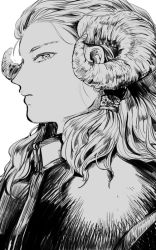Rule 34 | 1boy, asako (itiba), closed mouth, gohoumei (kingdom), greyscale, hair behind ear, hair slicked back, hair tubes, horns, kingdom (series), long hair, looking at viewer, male focus, monochrome, profile, sheep horns, simple background, solo, white background