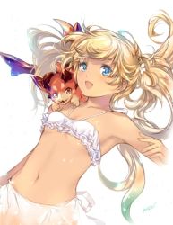Rule 34 | 10s, 1girl, armpits, bare shoulders, bikini, blonde hair, blue eyes, breasts, gradient hair, granblue fantasy, green hair, hair ornament, io (granblue fantasy), io (summer) (granblue fantasy), layered bikini, midriff, min-naraken, multicolored hair, navel, open mouth, signature, simple background, small breasts, swimsuit, tan, twintails, vyrn (granblue fantasy), white background