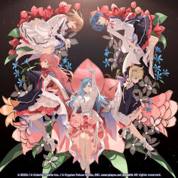 Rule 34 | 1boy, 4girls, album cover, aqua eyes, arm up, blonde hair, bloom, blue eyes, blue flower, blue hair, brown hair, center frills, commentary request, copyright notice, cover, dress, flower, frilled dress, frilled footwear, frills, hair flower, hair ornament, hairclip, hanasato minori, highres, hinomori shizuku, juliet sleeves, kagamine len, kiritani haruka, layered dress, light particles, long hair, long sleeves, looking at viewer, looking to the side, medium hair, mole, mole under mouth, momoi airi, more more jump! (project sekai), more more jump! len, multiple girls, okazaki oka, pink eyes, pink flower, pink hair, pleated dress, project sekai, puffy sleeves, red flower, red ribbon, ribbon, short hair, sleeves past elbows, sleeves past wrists, smile, straight-on, swept bangs, white dress, white footwear, white ribbon
