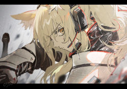 Rule 34 | 1girl, animal ear fluff, animal ears, arknights, armor, blonde hair, closed mouth, commentary request, earphones, facial scar, headset, horse ears, letterboxed, long hair, looking at viewer, nearl (arknights), ponytail, ryuuzaki ichi, scar, scar on cheek, scar on face, serious, solo, upper body, weapon, yellow eyes
