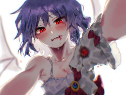 Rule 34 | 1girl, ascot, bat wings, blood, blood on face, blurry, blurry background, blush, breasts, camisole, cleavage, collarbone, commentary request, depth of field, fangs, highres, medium breasts, open mouth, outstretched arms, purple hair, reaching, reaching towards viewer, red ascot, red eyes, remilia scarlet, shirt, shirt partially removed, short hair, signature, simple background, single bare shoulder, solo, sweat, touhou, tsuyuji shigure, upper body, vampire, white background, white camisole, white shirt, wings