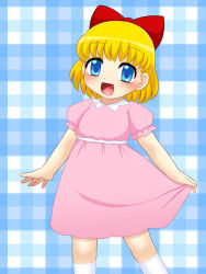 Rule 34 | 1girl, blonde hair, blue background, blue eyes, blush, bow, child, dress, hair bow, happy, looking at viewer, miyanii (myanie), mother (game), mother 2, nintendo, open mouth, paula (mother 2), pink dress, plaid, plaid background, puffy sleeves, red bow, short hair, short sleeves, smile, socks, white socks