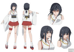 Rule 34 | 1girl, aiguillette, artist request, black hair, braid, breasts, commentary request, copyright name, detached sleeves, epaulettes, footwear request, from behind, kantai collection, large breasts, multiple views, no hair ornament, nontraditional miko, obi, official art, okobo, red eyes, sandals, sash, shaded face, short hair, short hair with long locks, socks, tabi, thigh strap, white background, white socks, wide sleeves, yamashiro (kancolle)