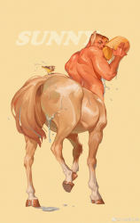 Rule 34 | 1boy, absurdres, animal ears, back, bara, bird on back, centaur, completely nude, from behind, full body, highres, horse boy, horse ears, horse tail, looking back, male focus, muscular, muscular male, nude, original, short hair, sideburns, solo, tail, taur, weibo logo, weibo watermark, wet, xiaolumiaoliya