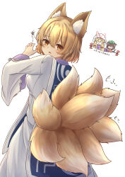 Rule 34 | 3girls, ^ ^, absurdres, animal ears, blonde hair, blush, chen, chibi, chibi inset, closed eyes, closed mouth, commentary request, feet out of frame, fox ears, fox girl, fox tail, from behind, frown, gap (touhou), hair between eyes, hand up, heart, highres, long sleeves, looking at viewer, looking back, multiple girls, multiple tails, no headwear, open mouth, raised eyebrows, shirt, short hair, simple background, skirt, smile, solo focus, sound effects, standing, sweatdrop, tail, touhou, translation request, tsubakipan, white background, white shirt, white skirt, wide sleeves, yakumo ran, yakumo yukari