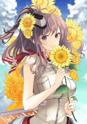 Rule 34 | 10s, 1girl, alternate eye color, breast pocket, brown eyes, brown hair, buttons, cloud, cloudy sky, day, dress, flower, holding, holding flower, kantai collection, konataeru, long hair, pocket, ponytail, saratoga (kancolle), short sleeves, sky, smile, solo, white dress, yellow flower