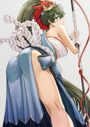 Rule 34 | 1girl, absurdres, alternate costume, ass, bare shoulders, bent over, blush, breasts, embarrassed, fire emblem, fire emblem heroes, from behind, green eyes, green hair, grey background, hair ornament, highres, japanese clothes, leaning, leaning forward, long hair, looking at viewer, looking back, lyn (fire emblem), nintendo, pelvic curtain, polearm, rope, saikunartworks, shimenawa, shiny clothes, shiny skin, sideboob, simple background, solo, spear, thighs, very long hair, weapon