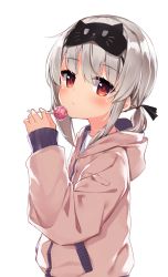 Rule 34 | 1girl, black ribbon, blush, brown jacket, candy, cat mask, closed mouth, commentary request, darnell, food, grey hair, hair between eyes, hair ribbon, hand up, holding, holding candy, holding food, holding lollipop, hood, hood down, hooded jacket, jacket, korean commentary, lollipop, long hair, long sleeves, looking at viewer, looking to the side, low ponytail, mask, mask on head, original, ponytail, red eyes, ribbon, shirt, sidelocks, simple background, sleeves past wrists, solo, upper body, white background, white shirt