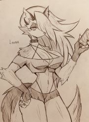 Rule 34 | 1girl, animal ears, breasts, cellphone, claws, cleavage, furry, helluva boss, highres, loona (helluva boss), mitsuba-sama (milkba-ng), monochrome, phone, piercing, sketch, tail, wolf ears, wolf tail