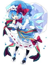 Rule 34 | 1girl, adapted costume, black pantyhose, blue capelet, blue dress, blue eyes, blue hair, blue hat, bow, bowtie, capelet, cirno, commentary, detached wings, dress, footwear bow, full body, fur trim, hand on own hip, hat, hat bow, highres, holding, holding sack, ice, ice wings, leaning forward, long sleeves, nikorashi-ka, open mouth, pantyhose, red bow, red bowtie, sack, santa hat, shoes, short hair, solo, star (symbol), symbol-only commentary, teeth, touhou, upper teeth only, white background, white bow, wings