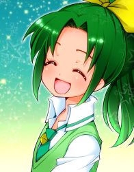 Rule 34 | 10s, 1girl, :d, ^ ^, blush, chiru, closed eyes, green hair, green necktie, hair ribbon, midorikawa nao, necktie, open mouth, ponytail, precure, ribbon, smile, smile precure!, solo, sparkle, star (symbol), upper body